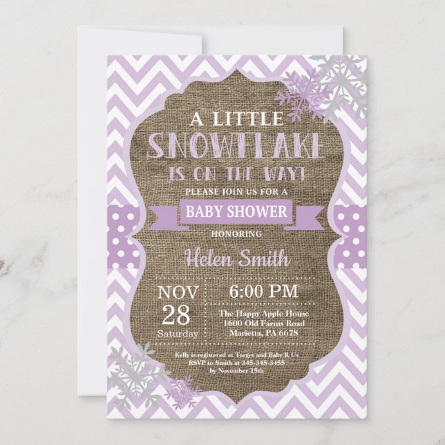 Vinter Babyshower Lila Snöflinga Jute Inbjudningar (Framsida)
