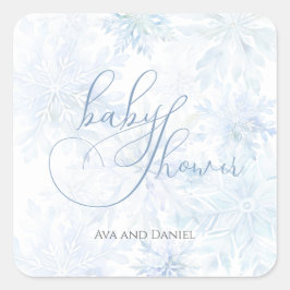 Vinter Babyshower Pojke Blå Snöflinga Fyrkantigt Klistermärke