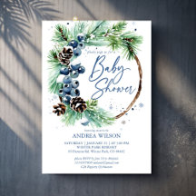 Vinter babyshower snöiga tallkrans dammig blå