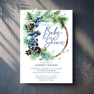 Vinter babyshower snöiga tallkrans dammig blå inbjudningar
