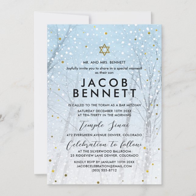 Vinter Bar Mitzvah-inbjudan Snöig skog Inbjudningar (Framsida)