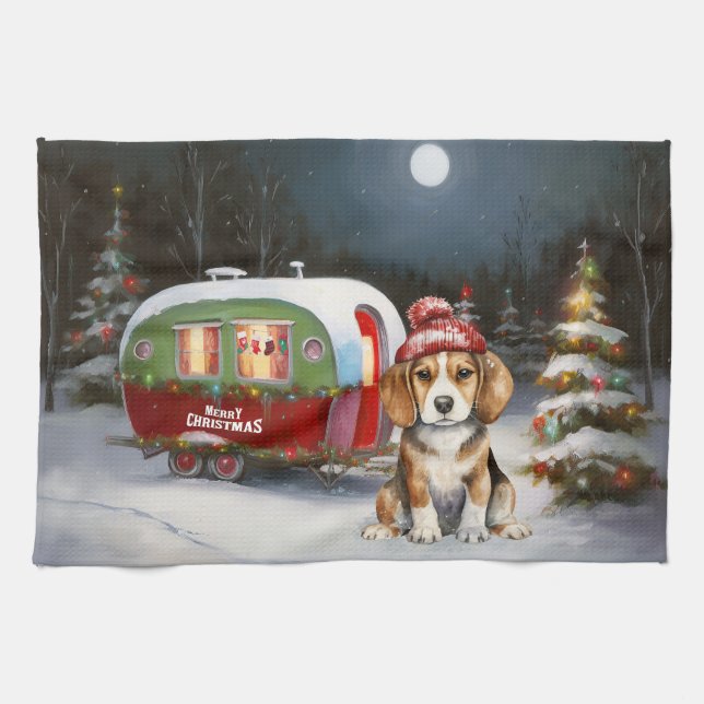 Vinter Beagle Karavan Juläventyr Kökshandduk (Horisontell)