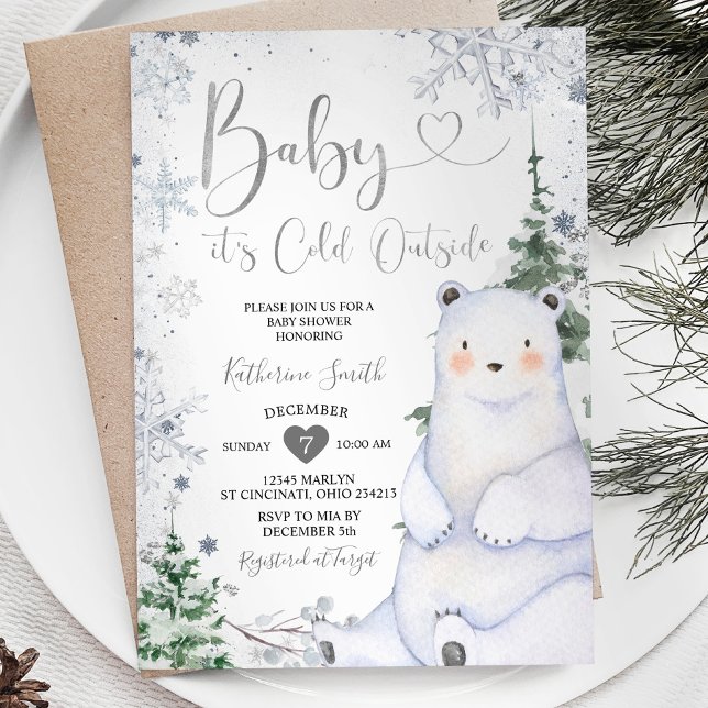 Vinter Bear Baby Shower Forest Silver Snöflingor Inbjudningar (Skapare uppladdad)