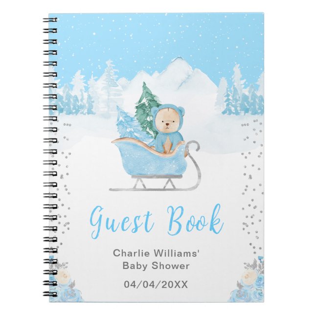 Vinter Bear Blue Sleigh Baby Shower Guest Bok Anteckningsbok (Framsidan)