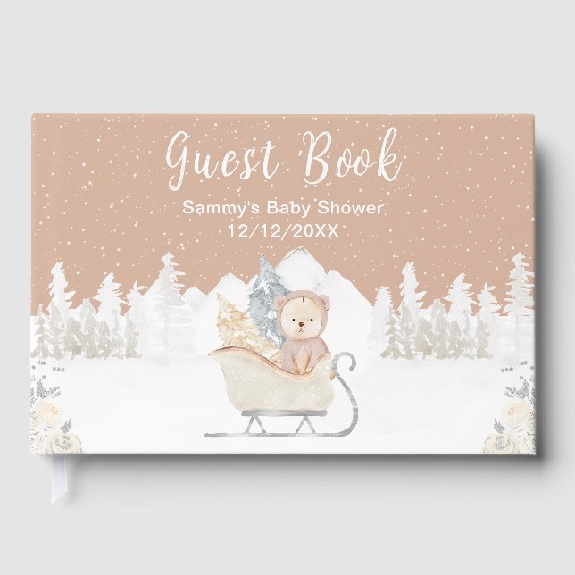 Vinter Bear Brown Sleigh Baby Shower Gästböcker (Framsida)