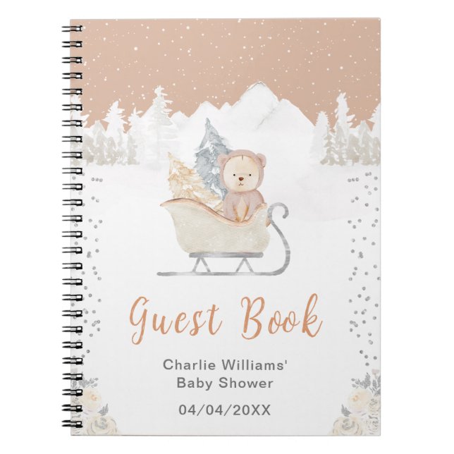 Vinter Bear Brown Sleigh Baby Shower Guest Bok Anteckningsbok (Framsidan)