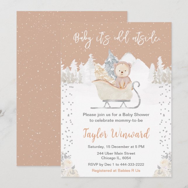 Vinter Bear Brown Sleigh Baby Shower Inbjudningar (Fram/baksida)