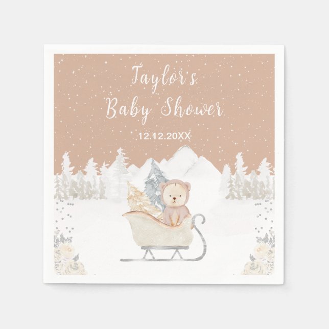 Vinter Bear Brown Sleigh Baby Shower Pappersservett (Framsidan)