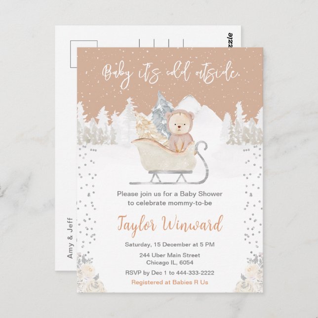 Vinter Bear Brown Sleigh Baby Shower Vykort (Fram/baksida)