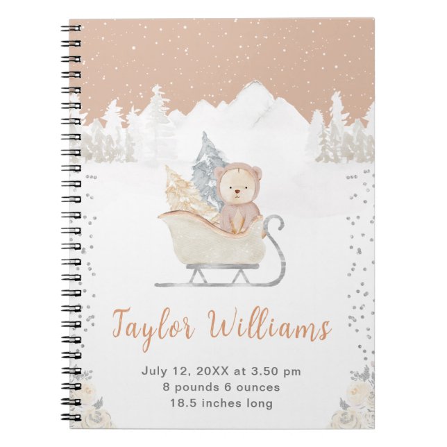 Vinter Bear Brown Sleigh Birth Statistics Anteckningsbok (Framsidan)