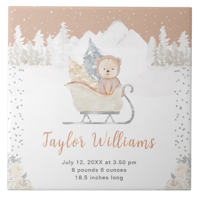 Vinter Bear Brown Sleigh Birth Statistics Kakelplatta (Framsidan)