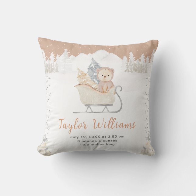 Vinter Bear Brown Sleigh Birth Statistics Kudde (Framsida)