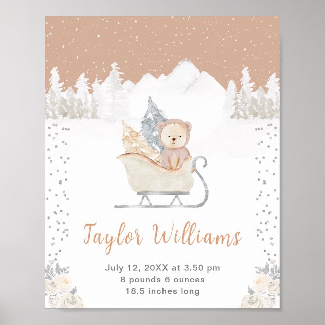 Vinter Bear Brown Sleigh Birth Statistics Poster (Framsidan)