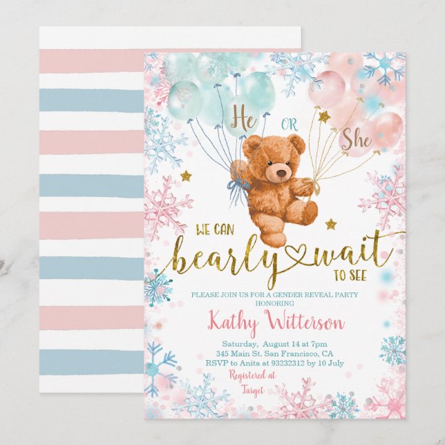 Vinter Bear Gender Reveal Rosa Blue Baby Shower Inbjudningar (Fram/baksida)