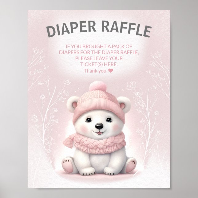 Vinter Bear Rosa Baby Shower Diaper Raffle Sign Poster (Framsidan)