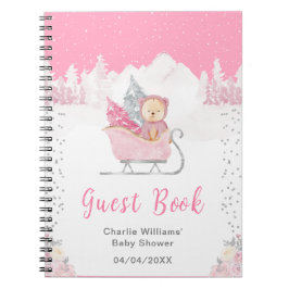 Vinter Bear Rosa Sleigh Baby Shower Guest Bok Anteckningsbok