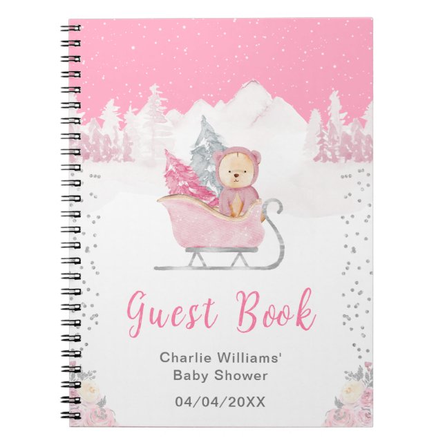 Vinter Bear Rosa Sleigh Baby Shower Guest Bok Anteckningsbok (Framsidan)