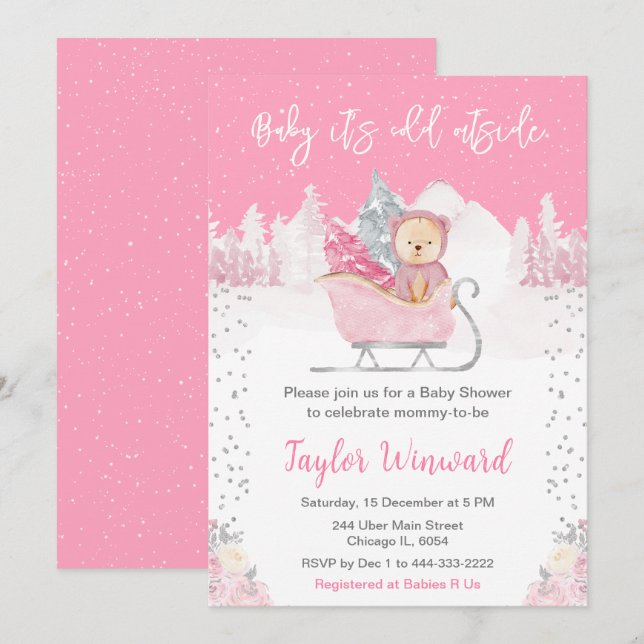 Vinter Bear Rosa Sleigh Baby Shower Inbjudningar (Fram/baksida)