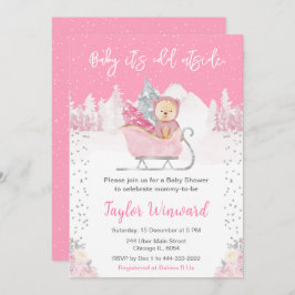 Vinter Bear Rosa Sleigh Baby Shower Inbjudningar