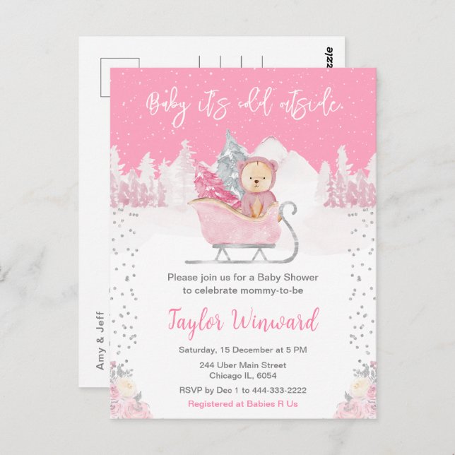 Vinter Bear Rosa Sleigh Baby Shower Vykort (Fram/baksida)