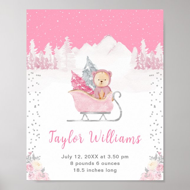 Vinter Bear Rosa Sleigh Birth Statistics Poster (Framsidan)