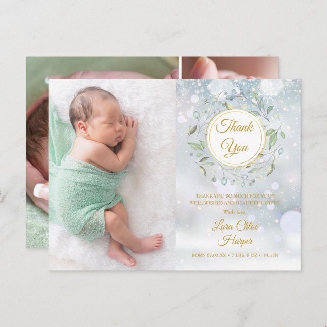 Vinter bebis foto collage blomster tack födelse  meddelande vykort (Fram/baksida)