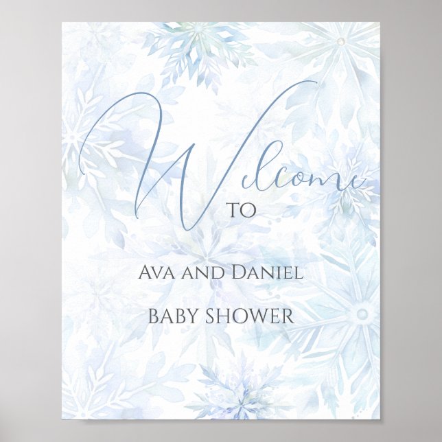 Vinter Bebis Shower Pojke Blå Snöflinga Välkommen Poster (Framsidan)