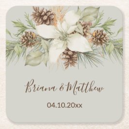 Vinter Beige Elegant Skrift Bröllop Underlägg Papper Kvadrat