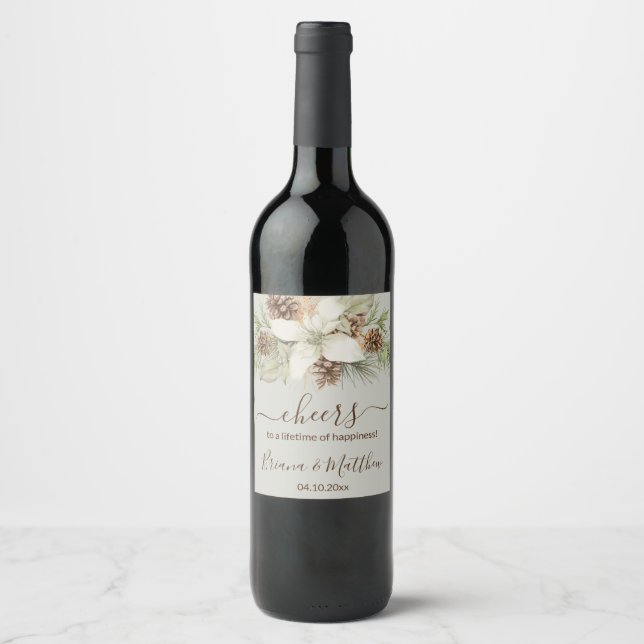 Vinter Beige Elegant Skrift Bröllop Vinflaska Etikett (Framsida)