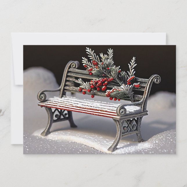 Vinter Bench med Red Berry-dekorationer Julkort (Framsida)