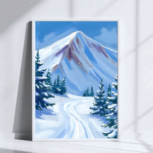 Vinter Berg Akvarell Snö Natur Landskap Poster
