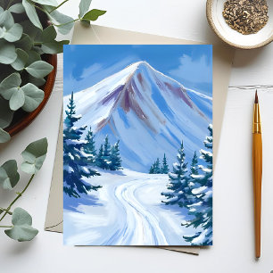 Vinter Berg Akvarell Snö Natur Landskap Vykort
