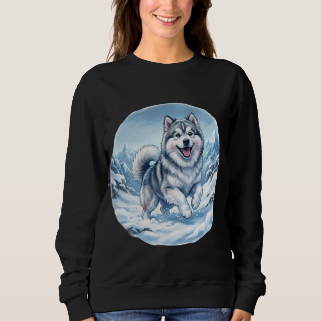 Vinter Berg Hund Brösttryck T Shirt (Framsida)