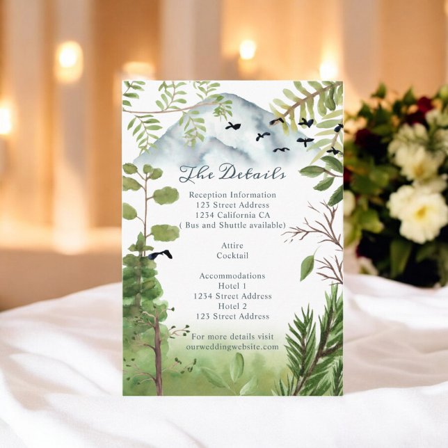 Vinter bergskransar akvarell bröllopsdetaljer tilläggskort (Winter mountain pines watercolor wedding details enclosure card)
