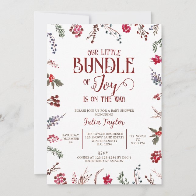 Vinter Berries & Holly Baby Shower, Little Bundle Inbjudningar (Framsida)