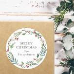Vinter Berries - julklapp Runt Klistermärke<br><div class="desc">Anpassningsbar-designade julklistermärken och etiketter med högvattenfärgad julfrand med vintergröna och röda bär.</div>