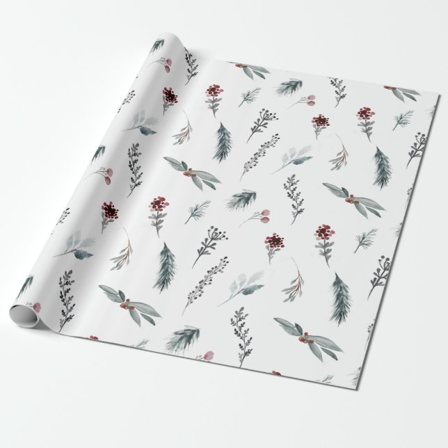 Vinter Blå Gran & Kryddade Bär Vit Presentpapper (Utrullad)