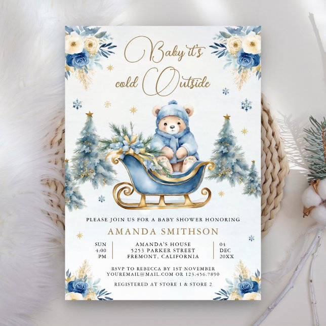 Vinter Blå Guld Blommig Teddybjörn Baby Shower Inbjudningar (Skapare uppladdad)