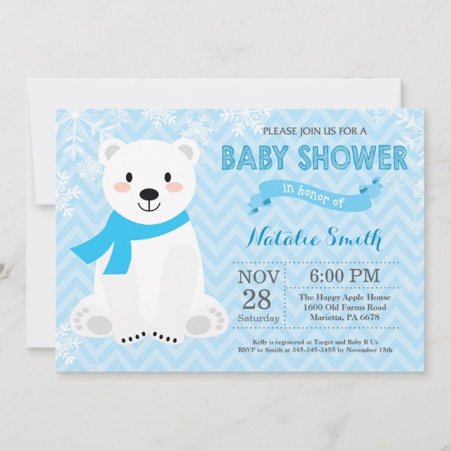 Vinter Blå Isbjörn Pojke Baby Shower Inbjudan (Framsida)