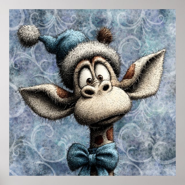 Vinter Blå Jul Söt Giraff Med Hatt Poster (Framsidan)