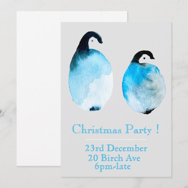 Vinter blå pingvinJulparty inbjudan (Fram/baksida)