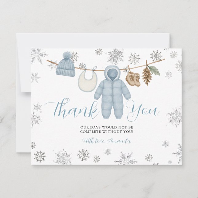 Vinter Blå Pojke Baby Shower Snöflingor Tack Kort (Framsida)