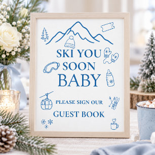 Vinter Blå Pojke Skiar Dig Snart Baby Shower Gäst Poster