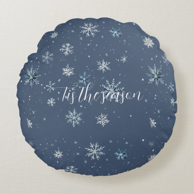 Vinter Blå Silver Snöflingor Jul Rund Kudde (Framsidan)