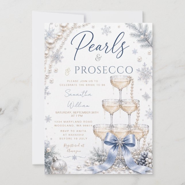 Vinter Blå Slöja Pärlor & Prosecco Bröllopsfest Inbjudningar (Framsida)