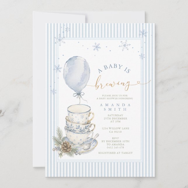 Vinter Blå Tea Party Baby Shower Inbjudningar (Framsida)