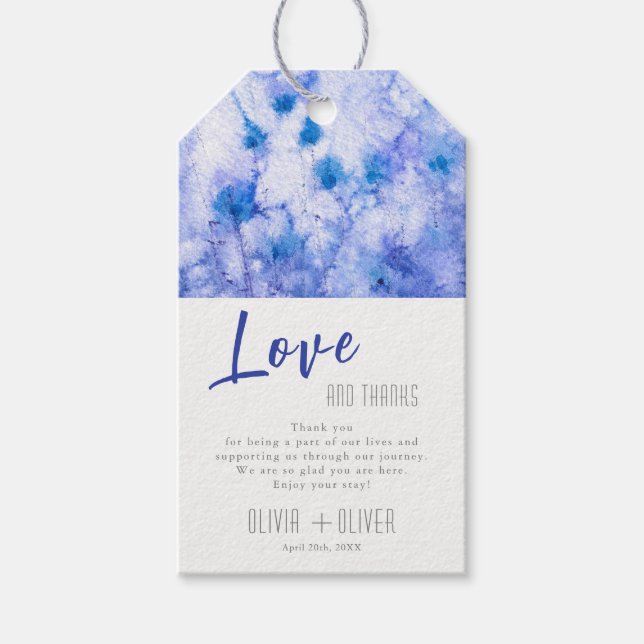 Vinter Blå Trädgård Bröllop Kärlek och Tacksamhet Presentetikett (Framsidan)