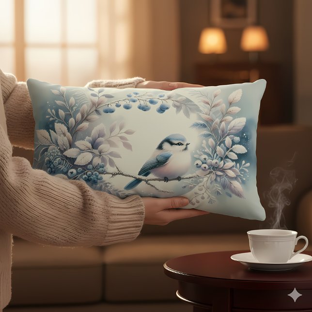 Vinter Blåfågel Bärkrans Lumbarkudde (Winter Bluebird Berry Wreath Lumbar Pillow Mockup C)