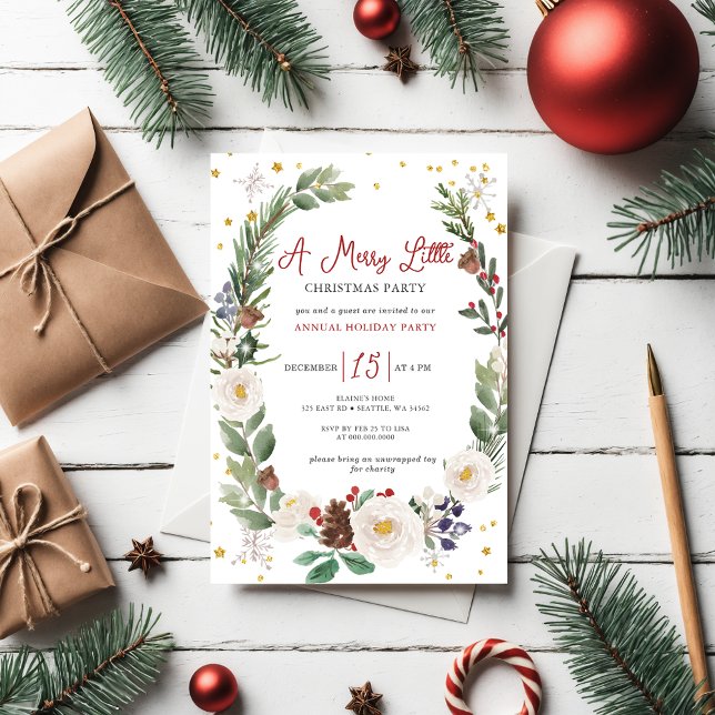 Vinter Blommigt Merry Little jul Party Inbjudningar (Winter Floral Merry Little Christmas Party Invitation)