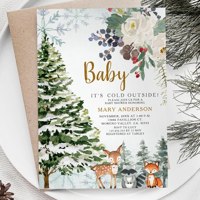 Vinter Blommigt Red Baby Shower Forest Animals Inbjudningar (Skapare uppladdad)